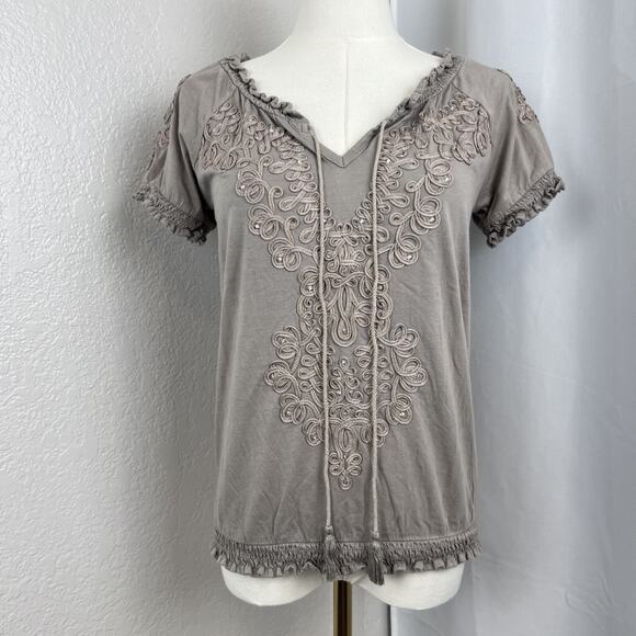 VTG Inc Top Womens Medium Taupe Embroidered Bling Boho Artsy Fairy Grunge Y2K - Picture 1 of 10